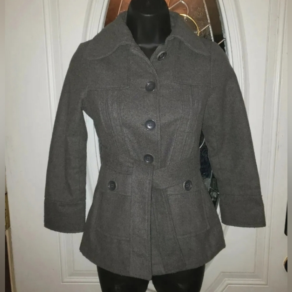 EUC Yoki Girls Collection Size Small Gray Belted Pea Coat Jacket Cute!